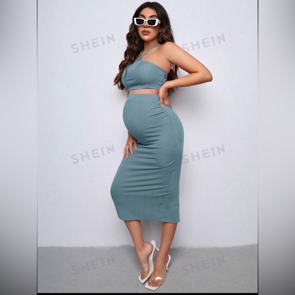 SHEIN Blue Midi Pencil Skirt And Top Set Maternity - Picture 2 of 5